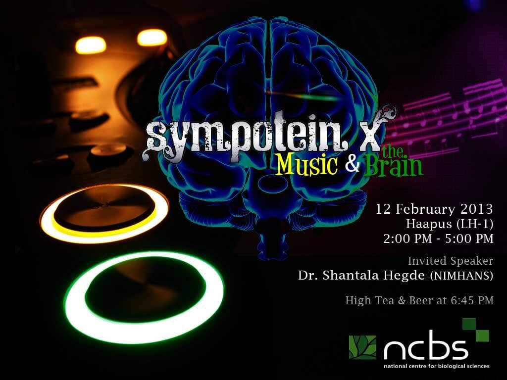 An event poster for Sympotein X: Music and the Brain, showing a glowing blue brain over turntable lights and musical notes.