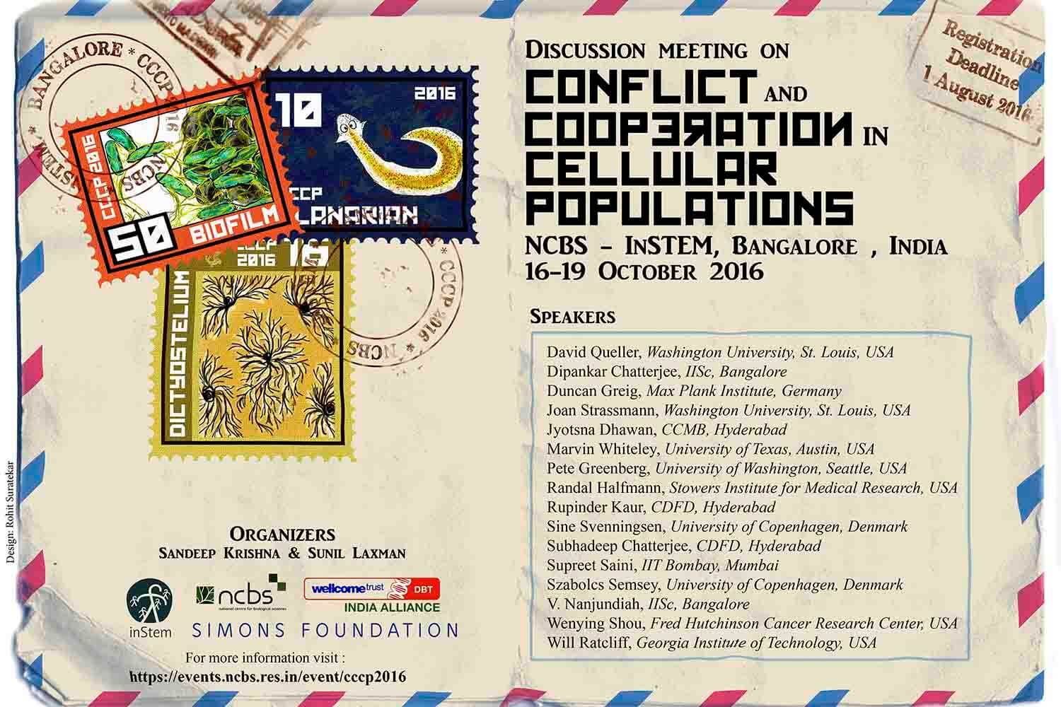 A conference poster styled as an airmail envelope with stamps of a biofilm, a planarian and Dictyostelium, listing speakers for a 2016 meeting on conflict and cooperation in cellular populations.