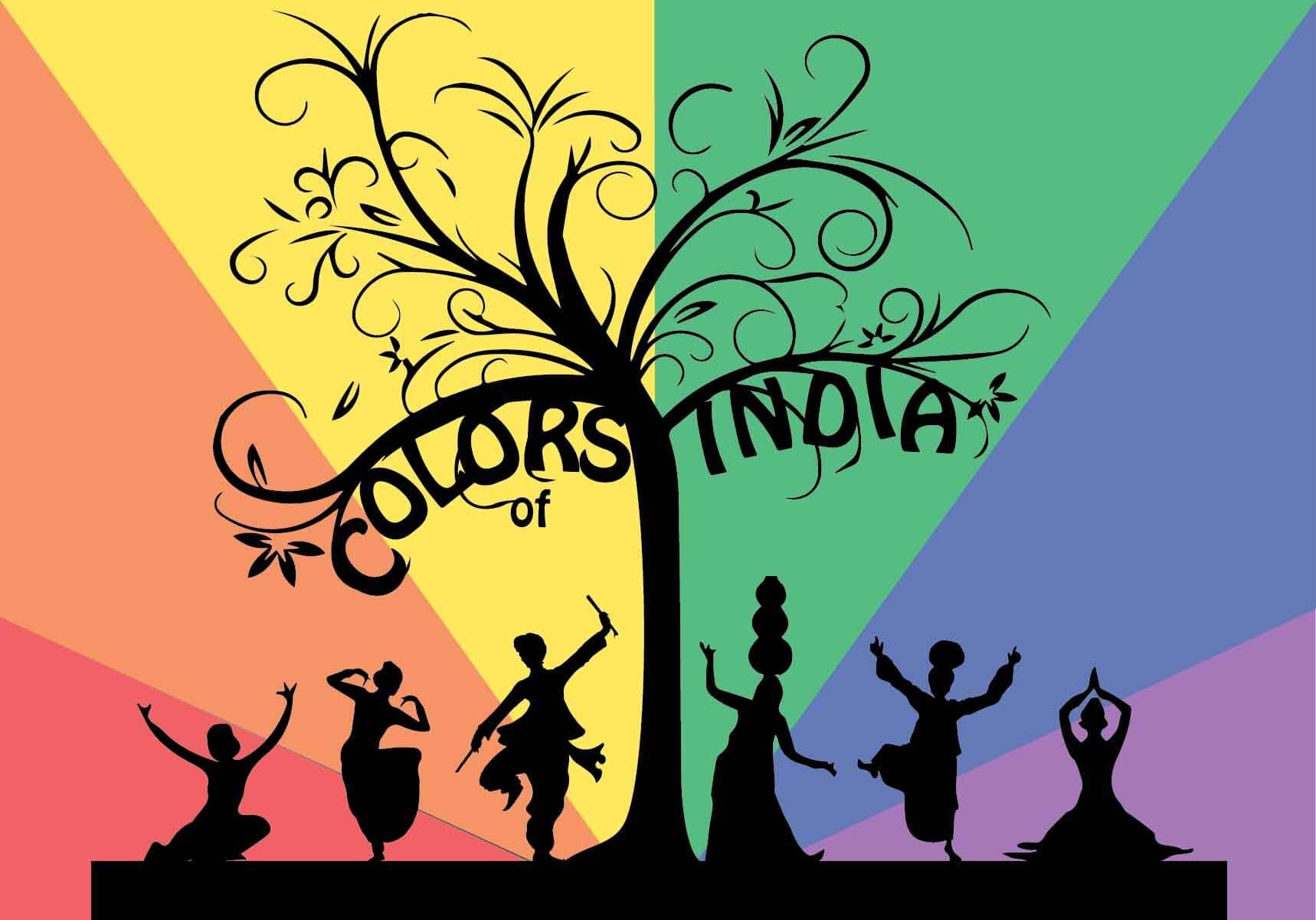 A black silhouette of a curling tree spelling "Colors of India" over rainbow rays, with six silhouetted dancers in different Indian dance styles below.