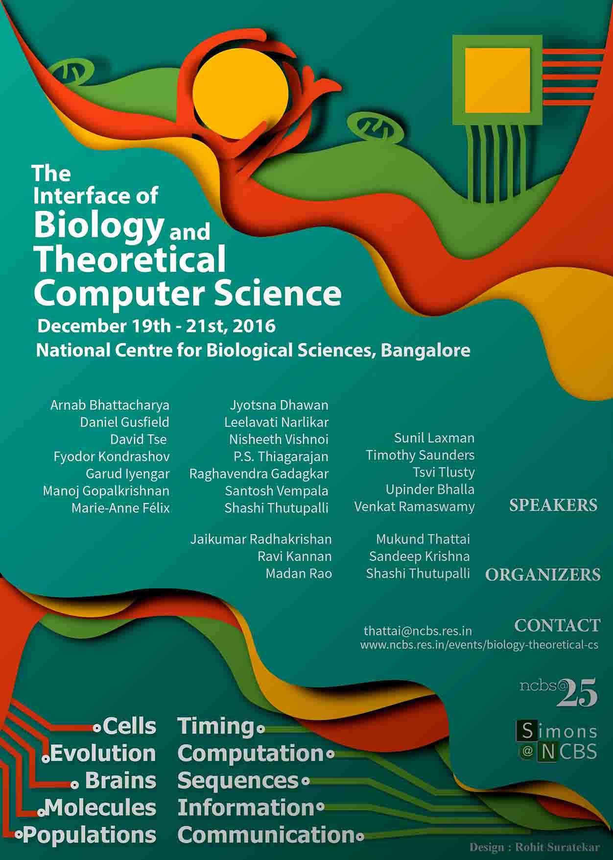 A conference poster with layered paper-cut waves in red, green and yellow linking a cell-like shape to a microchip, for a 2016 meeting on biology and theoretical computer science.