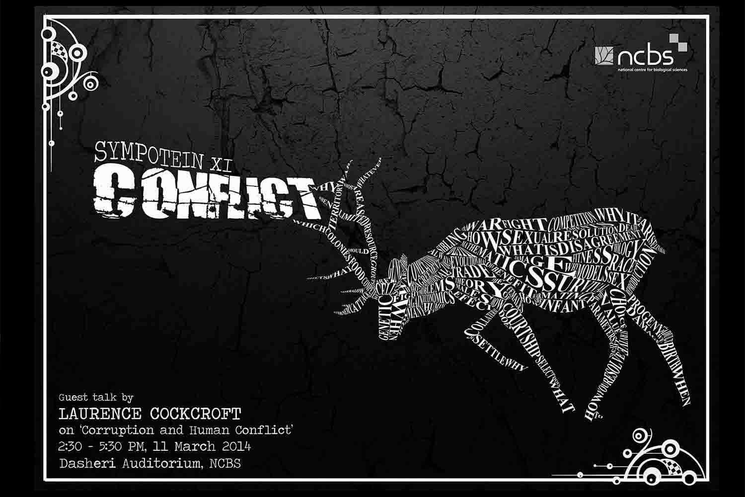 An event poster on a cracked black background showing a stag built from words such as war, fight and competition, with the title Conflict.