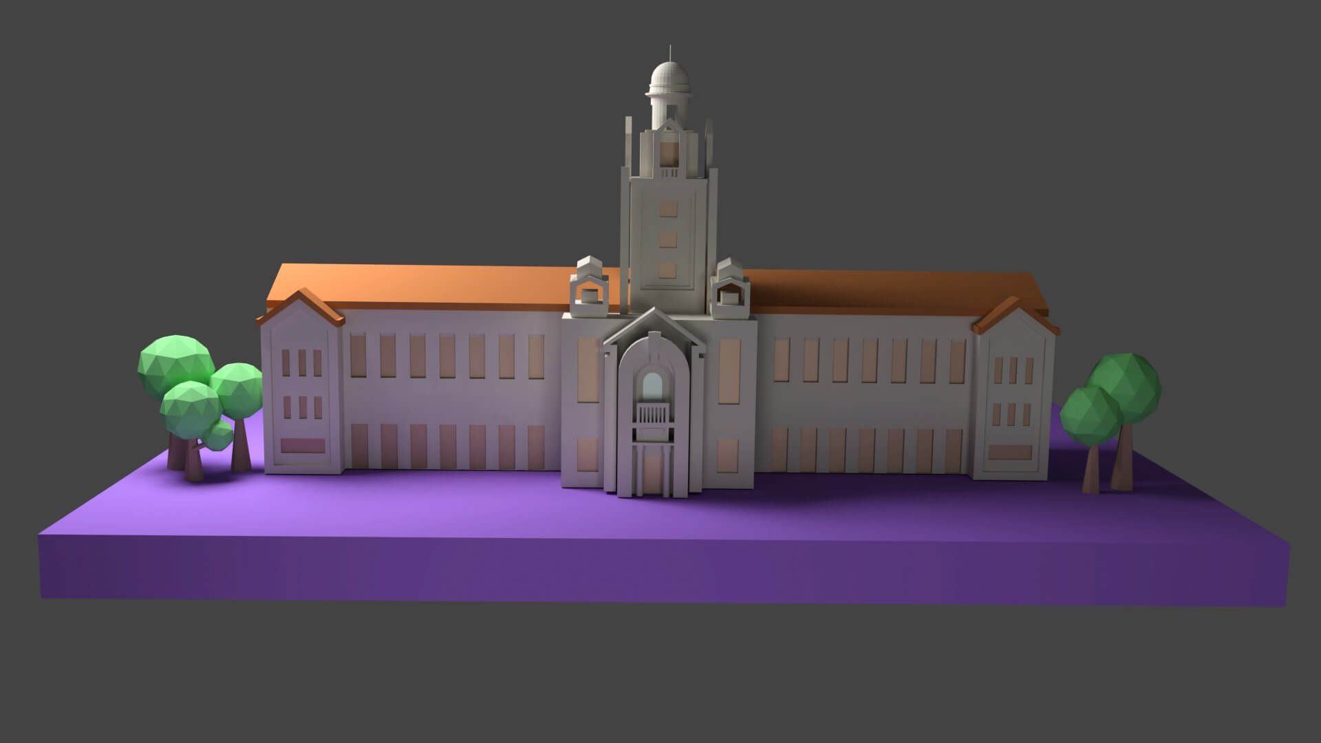 A 3D rendering of a white building with an orange roof and a central domed tower, on a purple base with low-poly trees.