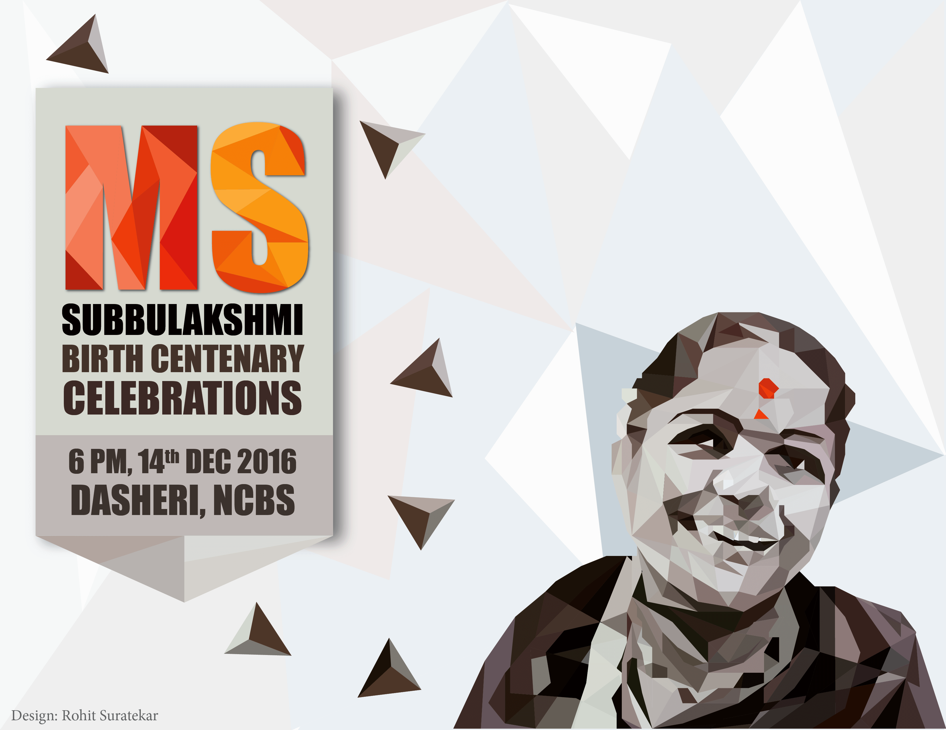 An event poster for the MS Subbulakshmi birth centenary celebrations, with a low-poly grey portrait of her and orange geometric lettering.