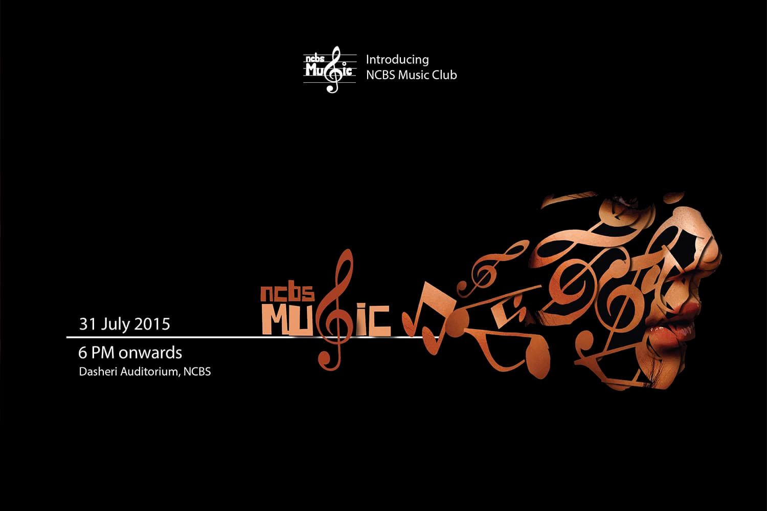 A black event poster introducing the NCBS Music Club, with copper musical notes forming the profile of a face.