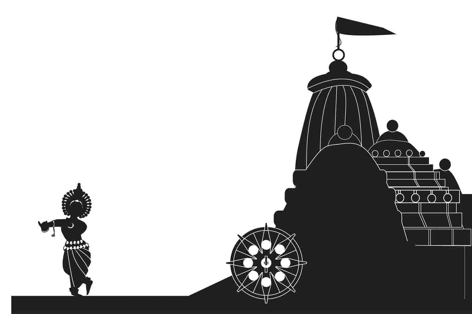 A black silhouette illustration of an Odissi dancer on the left and a temple with a flag and a chariot wheel on the right.