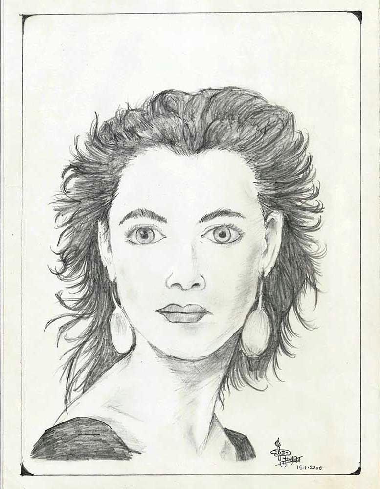 A pencil portrait of a woman with voluminous wavy hair and large drop earrings, looking straight ahead.