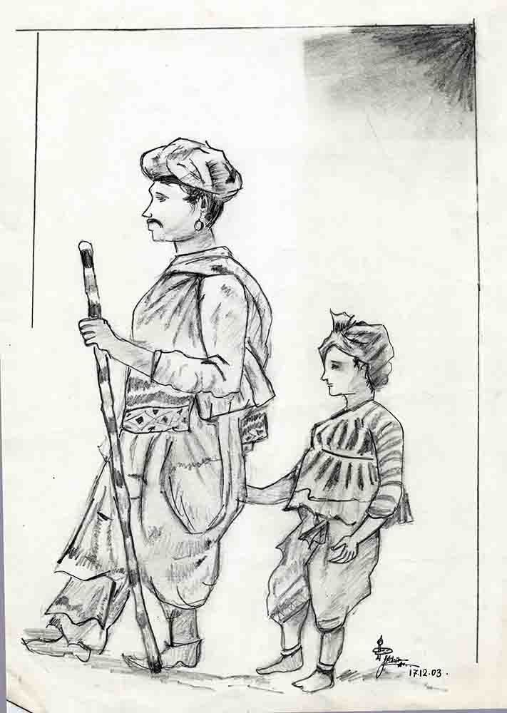 A pencil drawing of a man in a turban and traditional clothes walking with a stick, followed by a small boy in a turban.