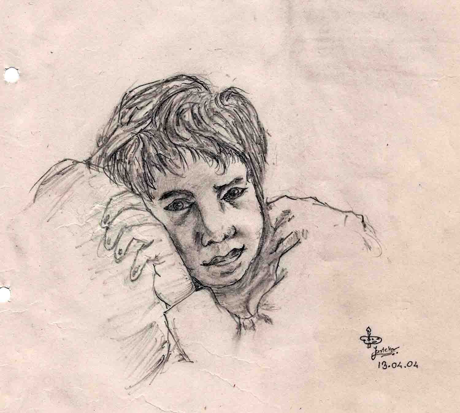 A pencil portrait of a boy with tousled hair resting his cheek on his hand, drawn on aged paper.