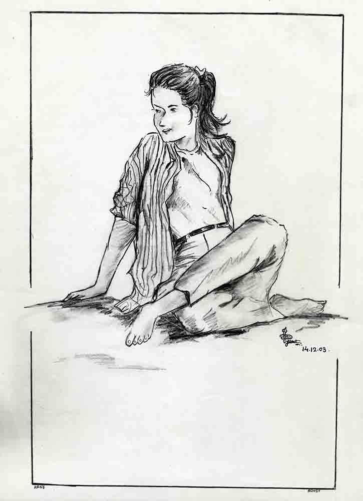 A pencil drawing of a barefoot woman with a ponytail sitting on the floor in an open striped shirt and trousers, looking over her shoulder.