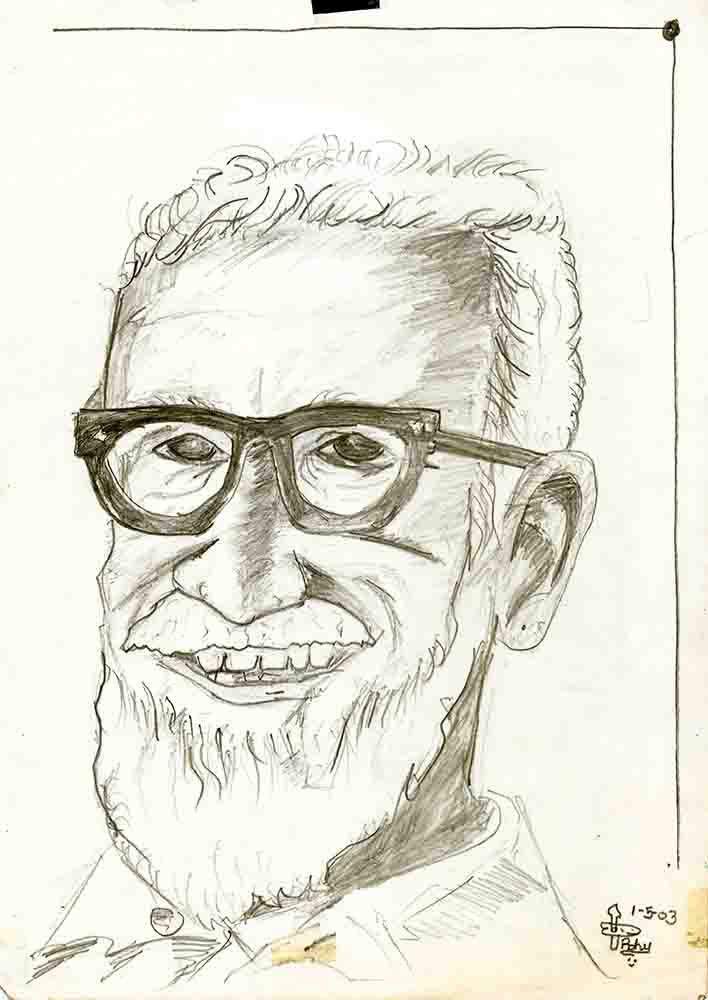 A pencil portrait of a smiling older man with curly white hair, a beard and thick-rimmed glasses.