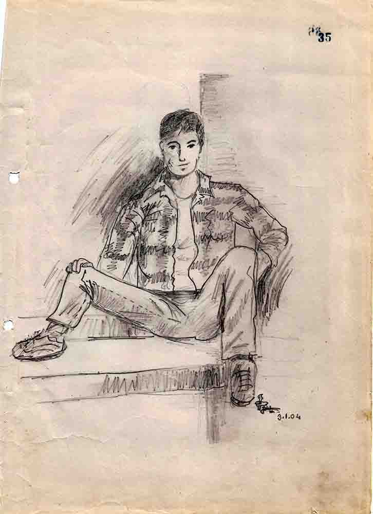A pencil drawing of a young man in a checked shirt and jeans sitting on steps with one knee raised.