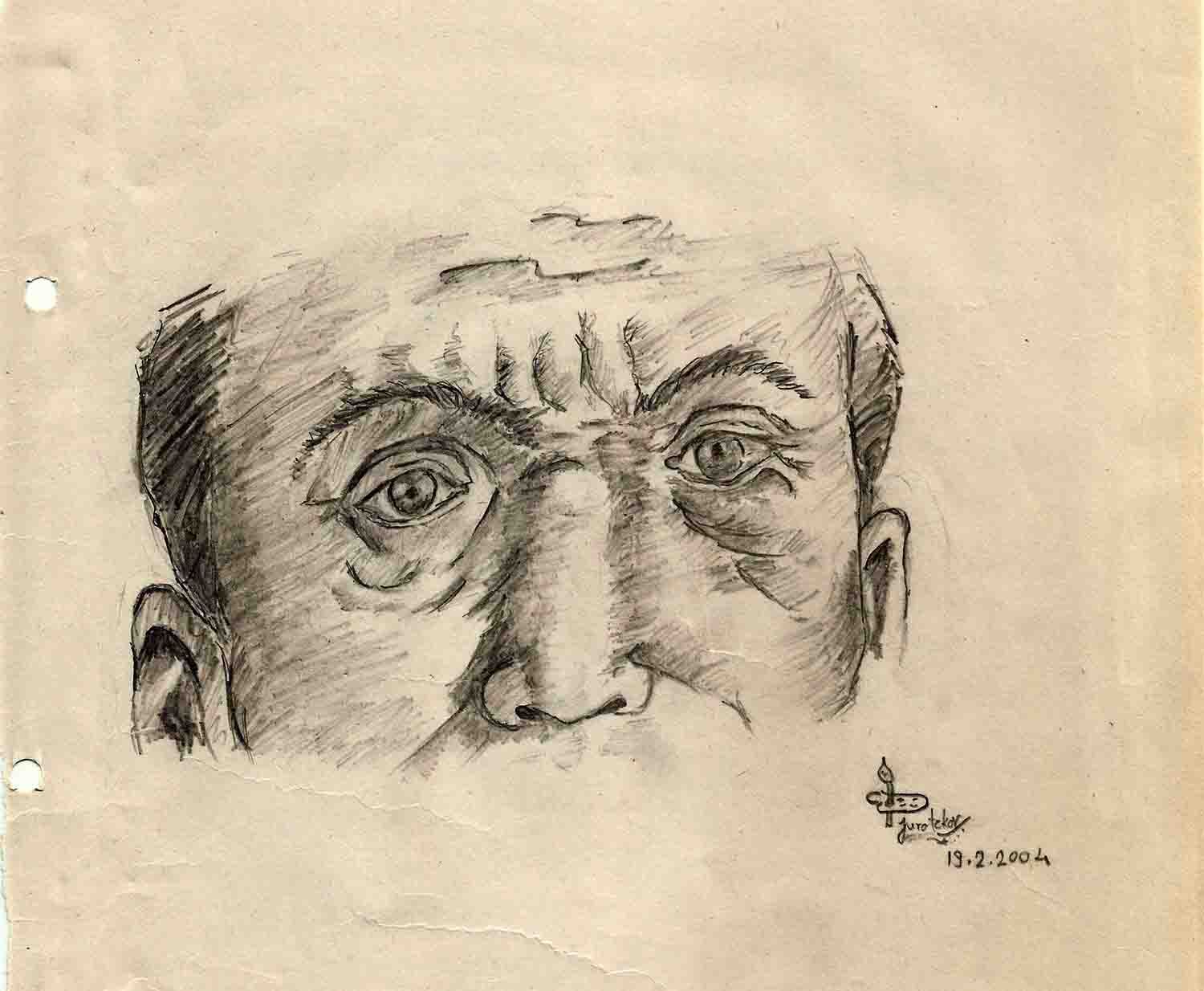 A pencil study of the upper half of an older man's face, showing wide eyes, a furrowed brow and nose.