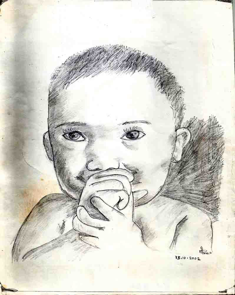 A pencil portrait of a baby with short hair holding both hands up to its mouth.
