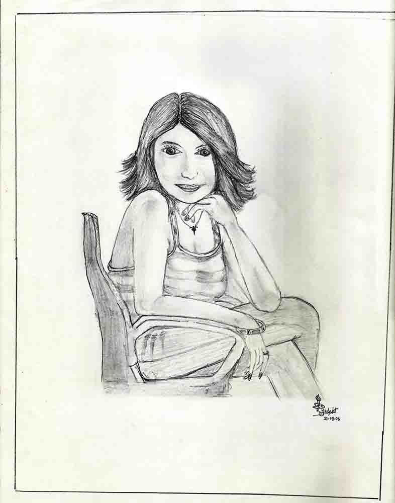 A pencil drawing of a smiling woman with shoulder-length hair sitting in a chair, resting her chin on her hand.